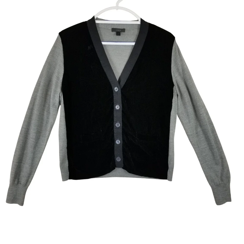 J.Crew Womens Velvet Front Merino Wool Blend‎ Cardigan Grey Black Large RN77388